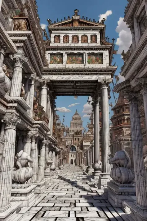 StackedCityAI, EdobAncientRome stacked rome temples, monumental white columns, fantasy shiny white skyscrapers, detailed, vibrant, high walls, wide street, arcs, carved stone, no humans, masterpiece, best quality, geometric