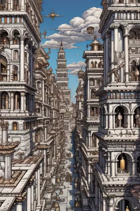 StackedCityAI, EdobAncientRome stacked rome buildings, monumental white columns, fantasy shiny white skyscrapers, detailed, vibrant, bizarre high walls, wide street, arcs, carved stone, no humans, masterpiece, best quality, geometric