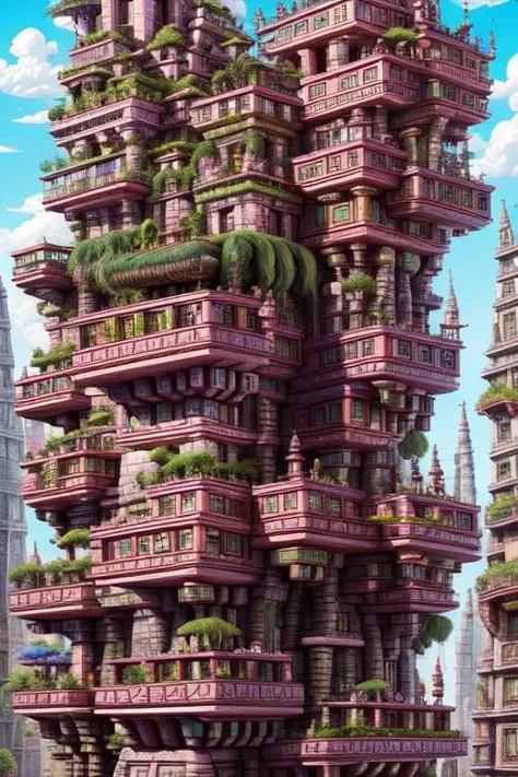 StackedCityAI, maya_mase stacked buildings, stone stairs, balconies, monumental columns, fantasy shiny skyscrapers, wide street, detailed, vibrant, fancy high walls, arcs, carved stone, no humans, masterpiece, best quality, geometric