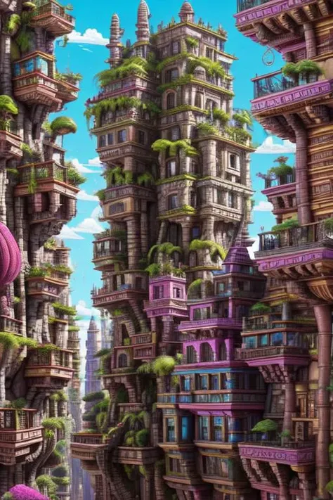 StackedCityAI, maya_mase stacked buildings, stone stairs, balconies, monumental columns, fantasy shiny skyscrapers, wide street, detailed, vibrant, fancy high walls, arcs, carved stone, no humans, masterpiece, best quality, geometric