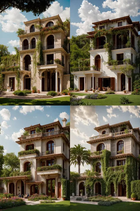 A luxurious and intricately detailed three-story neo-classical villa exterior scene, showcasing opulence. The art form chosen for this depiction is photography, captured with a 50mm lens. The esteemed photographer Ansel Adams serves as the source of inspiration. The villa stands amidst lush gardens, its ornate architecture emphasized by the play of shadows and sunlight. The color temperature is warm, enhancing the golden accents of the villa's design. The atmosphere exudes elegance, while the subjects exhibit serene expressions. Soft, natural lighting envelops the scene, creating a timeless ambiance