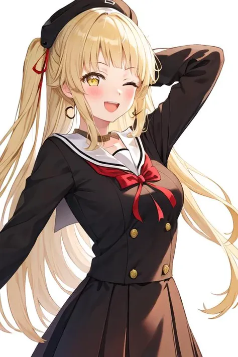 best quality, masterpiece, highres, solo, {tsurumaki_kokoro_bangdream:1.15}, blonde_hair, bangs, long_hair, yellow_eyes, smile, blush, open_mouth, :d, 1girl, hanasakigawa_school_uniform, long_sleeves, looking_at_viewer, neck_ribbon, red_ribbon, ribbon, sailor_collar, school_uniform, brown_dress, double-breasted, dress, sailor_dress, buttons, sidelocks, ;d, one_eye_closed, white_sailor_collar, simple_background, white_background, v