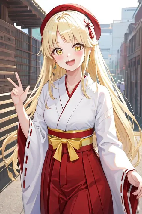 best quality, masterpiece, highres, solo, {white kimono:1.35}, {red hakama:1.35}, {wide sleeves:1.20}, {tsurumaki_kokoro_bangdream:1.15}, blonde_hair, bangs, long_hair, yellow_eyes, smile, blush, open_mouth, :d