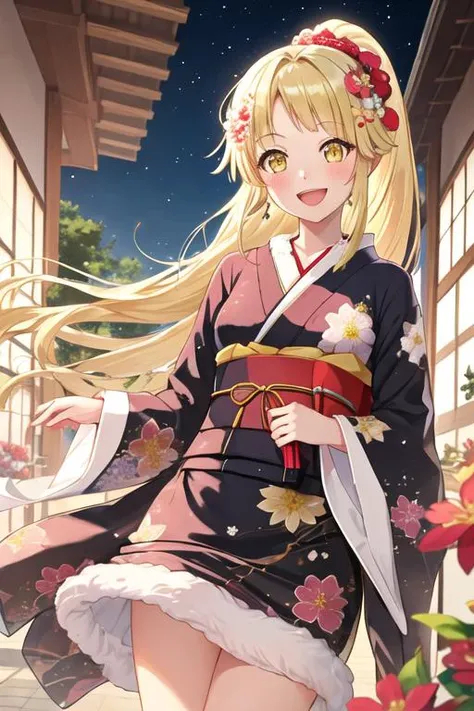 best quality, masterpiece, highres, solo, {tsurumaki_kokoro_bangdream:1.15}, blonde_hair, bangs, long_hair, yellow_eyes, smile, blush, open_mouth, :d, 1girl, flower, hair_flower, hair_ornament, japanese_clothes, kimono, looking_at_viewer, ponytail, wide_sleeves, holding, floral_print, long_sleeves, obi, sash, fur_collar, red_flower, sidelocks, holding_bag