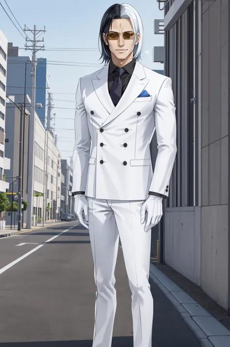 masterpiece, best quality, solo male, outdoors, power plant, <lora:zs_Kadokura:0.8> kadokurash, black hair, white hair, multicolored hair, sunglasses, suit, necktie, white gloves, shoes