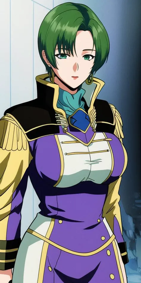 masterpiece, best_quality, highres, <lora:MiliaFallyna:0.7>, MiliaFallyna, solo, large_breasts, green_hair, MiliaCaptainUniform