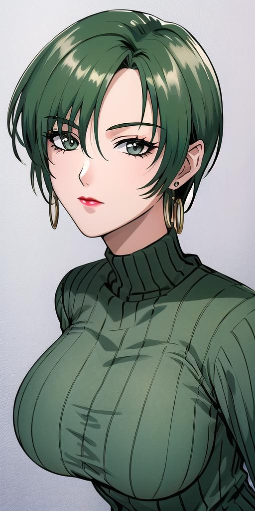 A woman with green hair and a green top is posing - SeaArt AI