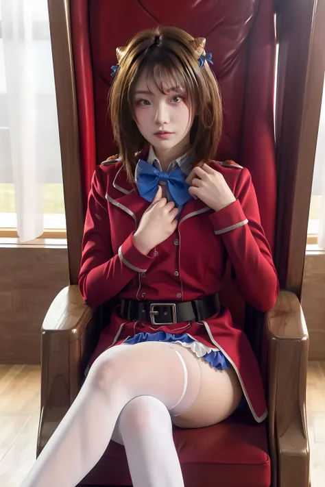 <lora:zyc_gandezblood:1>looking at viewer,
1girl,
1girl, solo, long hair,very long hair, blonde hair,blonde hair, cone hair bun, hair ornament, hair intakes, ahoge, bangs, red eyes, blue bowtie, red jacket, red coat, long sleeves, belt, white skirt, garter straps, white thighhighs
<lora:qqq-sexypantyhose-v1:0.8> ,white pantyhose,
(masterpiece, high quality, best quality), ((delicate eyes and face), volumatic light, ray tracing, extremely detailed CG unity 8k wallpaper, realistic,photorealistic, cowboy shot,
<lora:BetterFeet:0.8>
