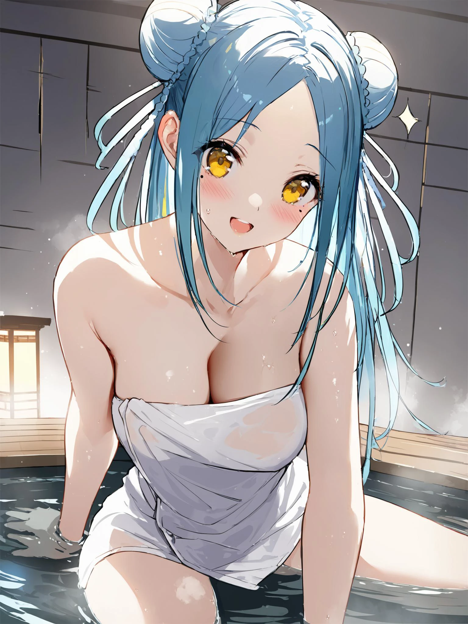 (masterpiece),(best quality),best quality,high resolution illustration,Amazing,intricate detail,(best illumination, best shadow, an extremely delicate and beautiful),
artist AGM,artist AGM,1girl,solo,naked towel,towel,onsen,smile,breasts,long hair,looking at viewer,blush,cleavage,water,medium breasts,sitting,sparkle,collarbone,steam,partially submerged,wet,bangs,
<lora:xl_Cicely_d12a6:1>,Cicely,blue hair,yellow eyes,happy,open mouth,laugh,(Tear mole under both eyes:1.4),two Bun hair,parted bangs,