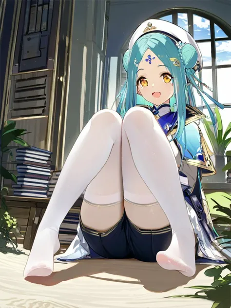 (masterpiece),(best quality),best quality,high resolution illustration,Amazing,intricate detail,(best illumination, best shadow, an extremely delicate and beautiful),
artist AGM,1girl,breasts,solo,pantyhose,looking at viewer,ass,no shoes,indoors,feet,legs,plant,legs up,book,sitting,thighs,potted plant,hair ornament,cloud,closed mouth,soles,full body,sky,white pantyhose,blinds,day,toes,window,book stack,
<lora:xl_Cicely_d12a6:1>,Cicely,blue hair,yellow eyes,happy,open mouth,laugh,(Tear mole under both eyes:1.4),two Bun hair,parted bangs,shorts,cape,white thighhighs,gloves,long sleeves,white hat,wide sleeves,
