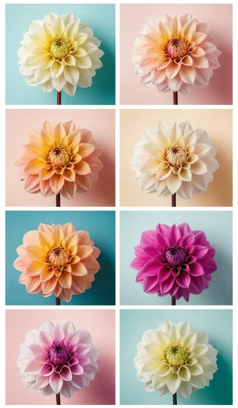 Collage of different pastel summer Dahlias on pastel colored backgrounds, square images with white borders, flat lay, duotone, mixture of macro and close-up shots, (symmetry, absolute symmetry:1.1), arranged from light to dark colors, cinematic look, film, professional color grading, aesthetic, breathtaking photograph, award-winning, professional, simple look, unedited photography, natural, unassuming, simple style, depth of field, <lora:SOAP:0.2>, <lora:add-detail-xl:1>, <lora:SDXLHighDetail:0.3>