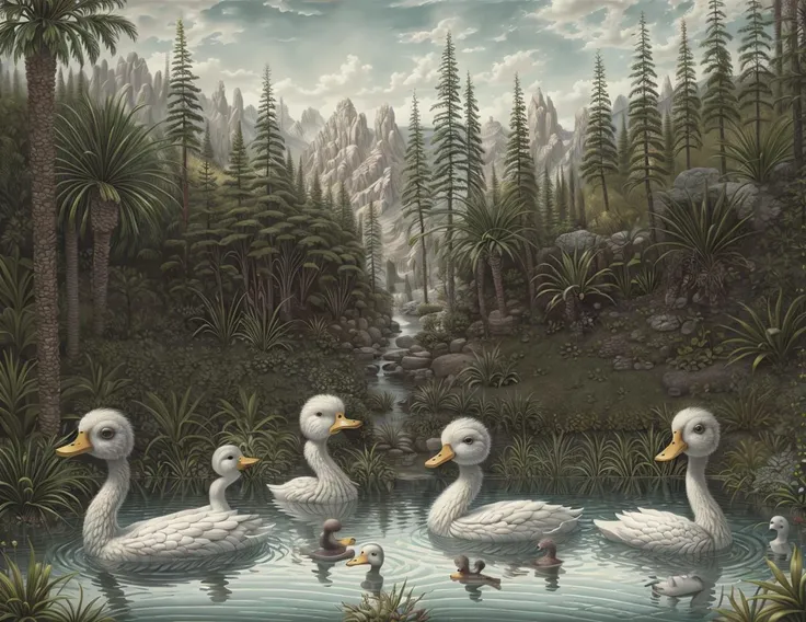 Masterpiece, best quality, hi res, 8k, hi res, 8k, award winning , (sharp focus, intricate, highly detailed) <lora:markryden:1>, markryden,a lush surreal landscape, a pool of water, ducks, <lora:add_detail:0.7>