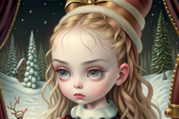 Masterpiece, best quality, hi res, 8k, hi res, 8k, award winning , (sharp focus, intricate, highly detailed) <lora:markryden:1> markryden, a girl with a big head and soulful eyes, meeting santa, snow