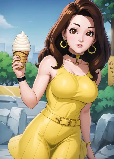 masterpiece, best quality, highest quality, photorealistic, perfect anatomy, perfect face, perfect eyes, earrings, long hair
<lora:paresdbgt_ex_04:0.9>, paresdbgt,yellow dress, brown eyes, choker, belt, innocent, young girl, in park, ice cream