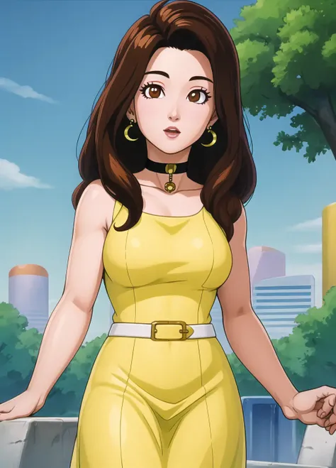 masterpiece, best quality, highest quality, photorealistic, perfect anatomy, perfect face, perfect eyes, earrings, long hair
<lora:paresdbgt_ex_04:0.9>, paresdbgt,yellow dress, brown eyes, choker, belt, innocent, young girl, in park