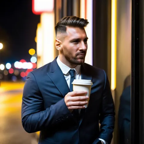 analog style, modelshoot style, photo of sks man (messi:1) drinking a coffee in the street, high detailed face, bright colours, night shot, neon lights in the background, brunette haircut, ((Flora Borsi))  <lora:MESSI:1> <lora:add_detail:1>