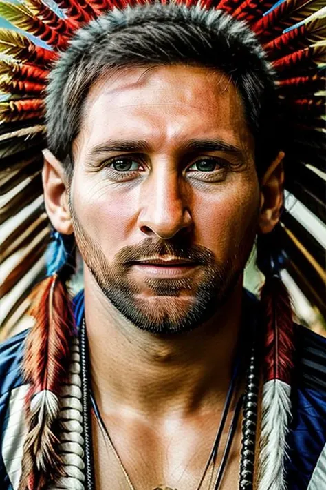 photo shot of (messi:1) dressed like a (red Indian:1) chief, high detailed face, hyper realistic, simetric photo, (looking at the viewer:1.4), 4k, colorful, natural light <lora:add_detail:1> <lyco:locon_perfecteyes_v1_from_v1_64_32:0.85> <lora:MESSI3:1>