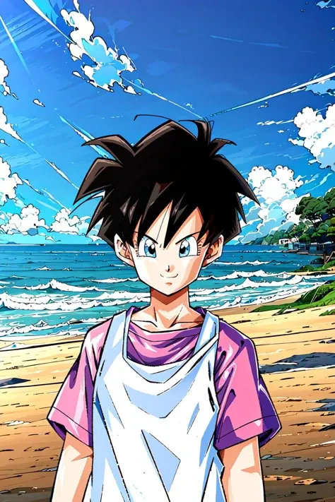 videldbz, 1girl, solo, looking at viewer, smile, short hair, blue eyes, t-shirt, black hair, upper body, outdoors, sky, day, cloud, water, blue sky, ocean, beach, spiked hair, pink t-shirt, white sleeveless dress, sleeveless dress, v-shaped eyebrows, eyelashes, eyebrows
<lora:videlAI:0.9>