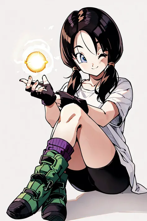 videldbz, 1girl, solo, smile, blue eyes, simple background, long shirt, black hair, white background, twintails, sitting, full body, white shirt, boots, one eye closed, hand on shin, energy ball, black gloves, fingerless gloves, bike shorts, ;\), green footwear, small breasts, raised eyebrows, looking to the side, crossed_legs, shoe soles, purple legwear, socks, short sleeves, fingernails, eyebrows, eyelashes
<lora:videlAI:0.8>