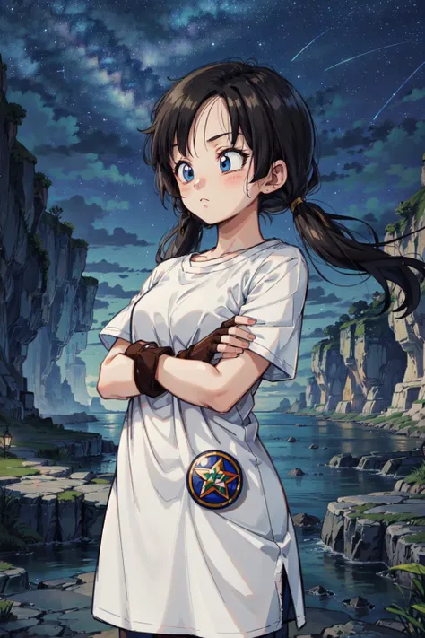 videldbz, raised eyebrows, 1girl, solo, long hair, blue eyes, black hair, white shirt, cowboy shot, long shirt, twintails, short sleeves, outdoors, sky, cloud, water, star \(symbol\), night, crossed arms, star \(sky\), night sky, brown gloves, starry sky, blush, looking to the side, wind, fingernails, badge, eyelashes
<lora:videlAI:0.7>