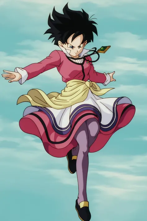 source_anime, score_9, score_8_up, score_7_up, anime screencap,
videldbz, slippers, 1girl, solo, blue eyes, ice cliffs, black hair, long sleeves, green fog, arm up, floating hair, floating clothes, full body, female focus, pantyhose, necklace, spiked hair, clenched hand, pendant, purple pantyhose, wrapped, , movies, multicolored dress, dress lift, looking at another, looking down, midair, jumping, ankle markings, knees, black footwear, v-shaped eyebrows, striped shirt, small breasts, long dress, pink dress, outstretched hand, closed mouth
<lora:Videl_pony_v1:0.8>