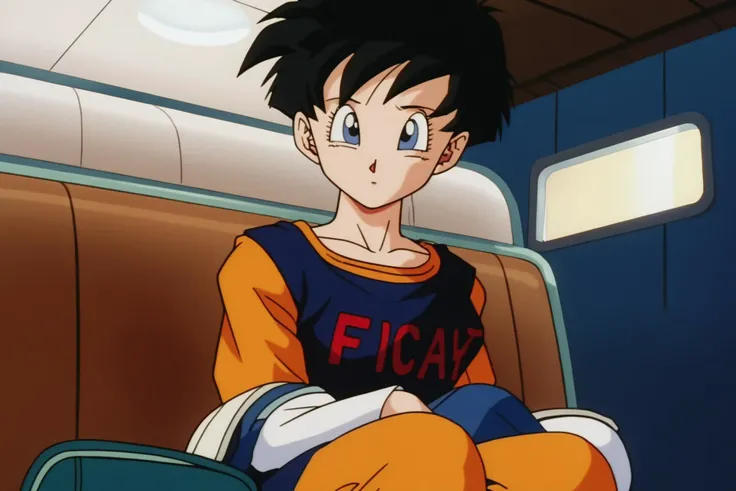 source_anime, score_9, score_8_up, score_7_up, anime screencap,
videldbz, 1girl, solo, looking at viewer, short hair, blue eyes, black hair, long sleeves, sitting, indoors, clothes writing, retro artstyle, 1990s \(style\), car interior, blue dress, dress, orange shirt, looking at another, hands on lap, undershirt, collarbone, pants, spiked hair, worried, eyelashes,
<lora:Videl_pony_v1:0.8>