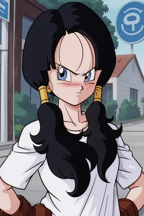 source_anime, score_9, score_8_up, score_7_up, anime screencap,
videldbz, 1girl, solo, looking at viewer, blush, looking to the side, pouty lips, blue eyes, long shirt, black hair, angry, twintails, white shirt, upper body, outdoors, day, tree, brown gloves, hands on hips, sign, road, bush, tsundere, collarbone, short sleeves, eyelashes, v-shaped eyebrows,
<lora:Videl_pony_v1:0.8>