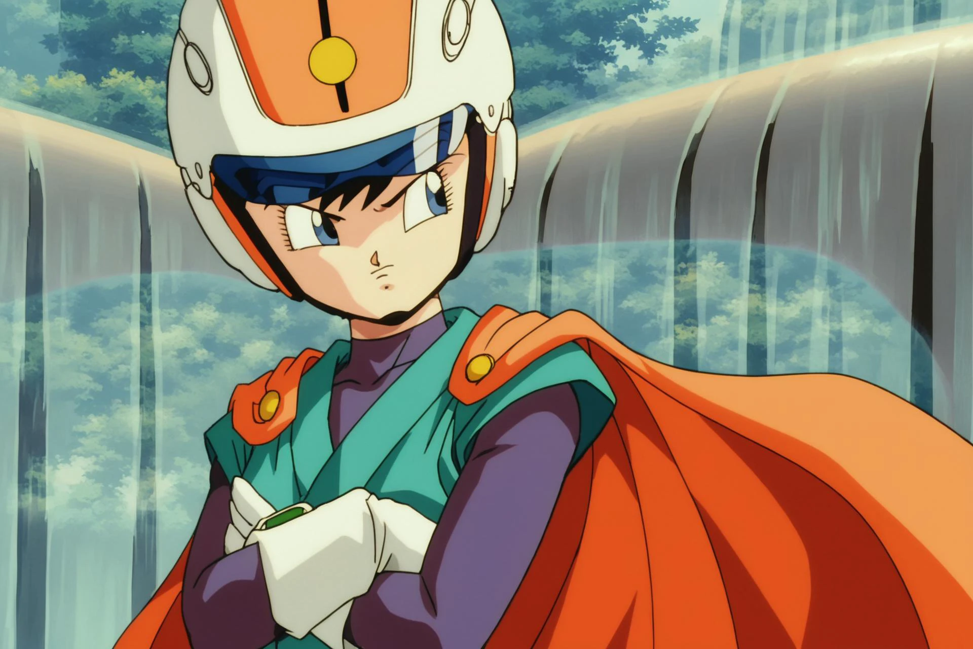 source_anime, score_9, score_8_up, score_7_up, anime screencap,
videldbz, great saiyaman 2, 1girl, solo, blue eyes, black hair, white gloves, female focus, outdoors, water, red cape, tree, crossed arms, helmet, nature, forest, serious, retro artstyle, 1990s \(style\), waterfall, visor lift, visor, v-shaped eyebrows, white belt, small breasts, short hair, purple bodysuit, looking to the side, lapels, green tunic, eyebrows, eyelashes, collarbone, watch, 1girl,
<lora:Videl_pony_v1:0.8>
