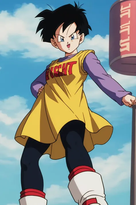 source_anime, score_9, score_8_up, score_7_up, anime screencap,
videldbz, multicolored boots, 1girl, solo, looking at viewer, short hair, blue eyes, long shirt, black hair, long sleeves, boots, outdoors, sky, day, cloud, text on dress, black eyes, blue sky, clothes writing, sleeveless dress, white footwear, pantyhose, yellow sleeveless dress, purple shirt, spiked hair, v-shaped eyebrows, clenched hands, eyebrows, eyelashes, female focus, from below
<lora:Videl_pony_v1:0.8>