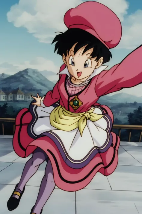 source_anime, score_9, score_8_up, score_7_up, anime screencap,
 videldbz, split, 1girl, solo, open mouth, black hair, long sleeves, hat, dress, outdoors, slippers, black footwear, pink dress, long dress, smile, from above, selfie, mountain, flats, collar up, eyelashes, movie dress, multicolored dress, multicolored shirt, purple legwear, purple pantyhose, pantyhose, movie hat, pendant, striped shirt, happy, tongue, looking down, spiked hair, movie
<lora:Videl_pony_v1:0.8>