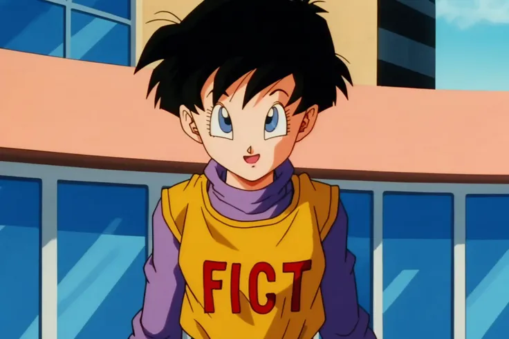 source_anime, score_9, score_8_up, score_7_up, anime screencap,
videldbz, shrugging, 1girl, solo, smile, short hair, blue eyes, long shirt, black hair, long sleeves, upper body, outdoors, looking up, sky, day, clothes writing, retro artstyle, 1990s \(style\), yellow sleeveless dress, undershirt, purple shirt, collarbone, raised eyebrows, eyelashes, spiked hair
<lora:Videl_pony_v1:0.8>