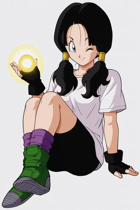 source_anime, score_9, score_8_up, score_7_up, anime screencap,
videldbz, 1girl, solo, smile, blue eyes, simple background, long shirt, black hair, white background, twintails, sitting, full body, white shirt, boots, one eye closed, hand on shin, energy ball, black gloves, fingerless gloves, bike shorts, ;\), green footwear, small breasts, raised eyebrows, looking to the side, crossed_legs, shoe soles, purple legwear, socks, short sleeves, fingernails, eyebrows, eyelashes
<lora:Videl_pony_v1:0.8>