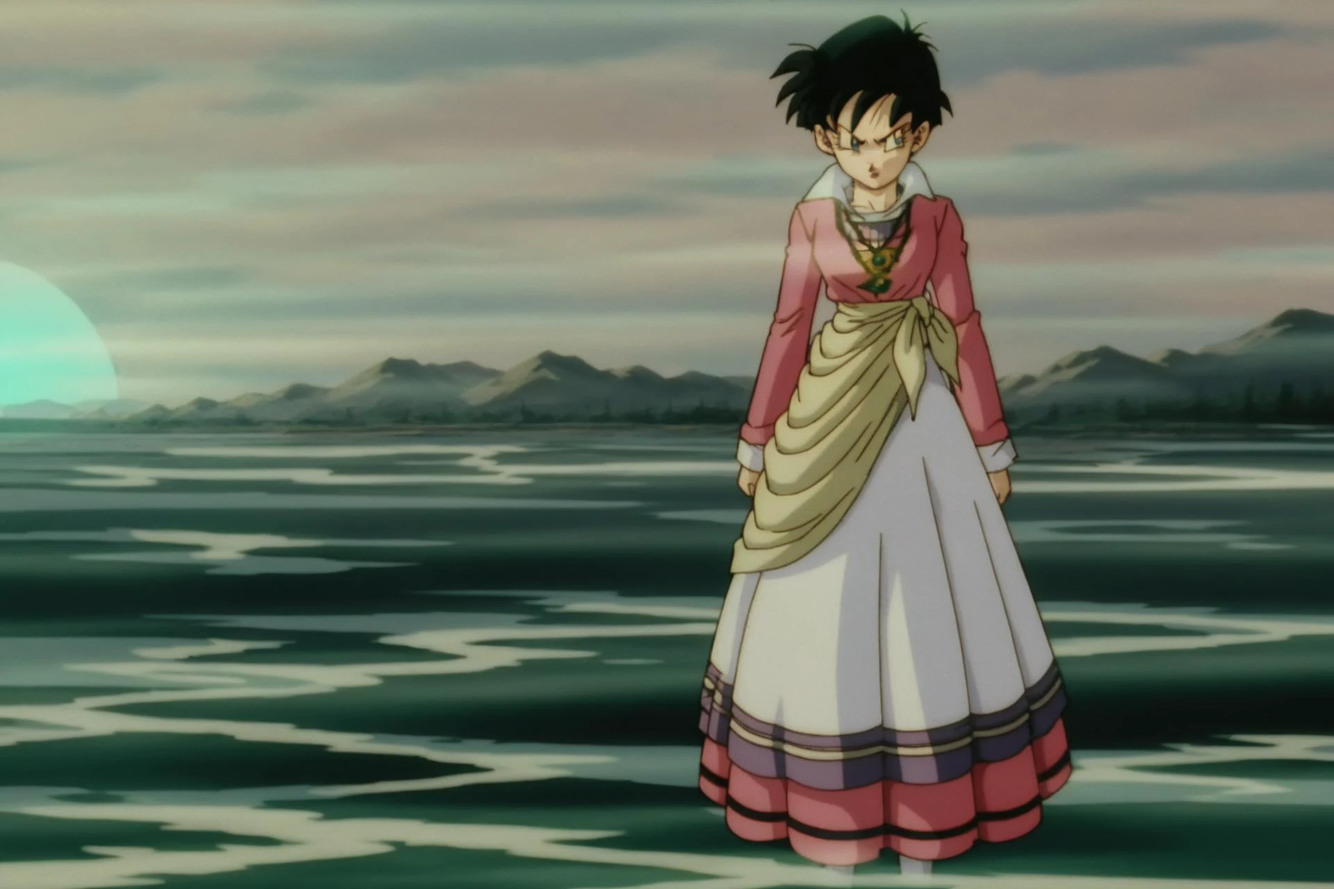 source_anime, score_9, score_8_up, score_7_up, anime screencap,
videldbz, 1girl, solo, short hair, skirt, long shirt, black hair, long sleeves, standing, outdoors, water, blue eyes, mountain, arms at sides, lake, pantyhose, green fog, sunset, legs together, long dress, fog, angry, movie, multicolored dress, movie dress, pink dress, spiked hair, pendant, striped shirt, necklace, collar up, wrapped
<lora:Videl_pony_v1:0.8>
