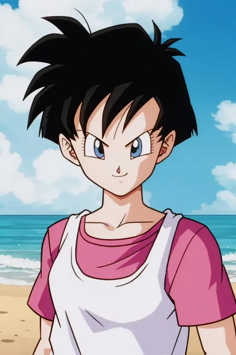 source_anime, score_9, score_8_up, score_7_up, anime screencap,
videldbz, 1girl, solo, looking at viewer, smile, short hair, blue eyes, t-shirt, black hair, upper body, outdoors, sky, day, cloud, water, blue sky, ocean, beach, spiked hair, pink t-shirt, white sleeveless dress, sleeveless dress, v-shaped eyebrows, eyelashes, eyebrows
<lora:Videl_pony_v1:0.8>