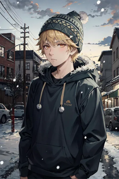 yukine, 1boy, hoodie, beanie, blonde hair, solo, detailed face, looking at viewer, cowboy shot, upper body, city, snow, snowing, (masterpiece:1.2, best quality)