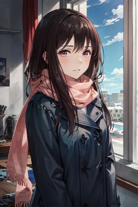 iki hiyori, 1girl, pink scarf, long hair, brown hair, coat, solo, detailed face, looking at viewer, cowboy shot, upper body, indoor, window, blue sky, (masterpiece:1.2, best quality)