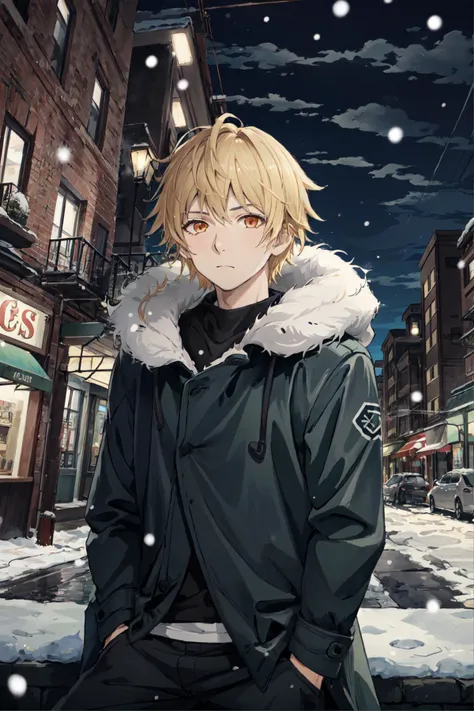 yukine, 1boy, fur-trimmed jacket, blonde hair, sitting, solo, detailed face, looking at viewer, cowboy shot, upper body, city, snow, snowing, (masterpiece:1.2, best quality)