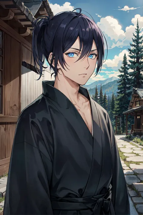 yato, 1boy, male focus, japanese clothes, short ponytail, solo, detailed face, looking at viewer, cowboy shot, upper body, forest, stone walkway, shrine, (masterpiece:1.2, best quality)