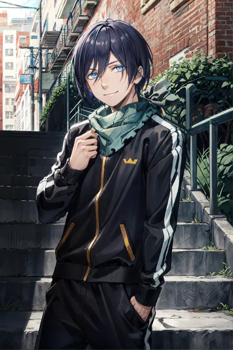 yato, 1boy, track suit, bandana, smile, solo, detailed face, looking at viewer, cowboy shot, upper body, city, streets, sitting on staircase, staircase, (masterpiece:1.2, best quality)