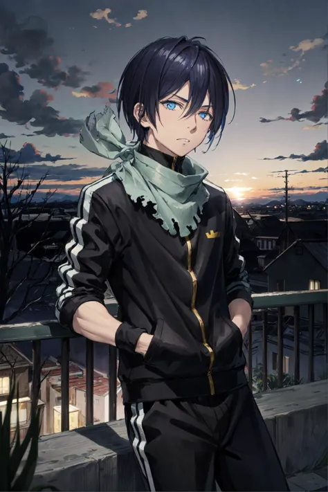 yato, 1boy, track suit, bandana, solo, detailed face, looking at viewer, cowboy shot, upper body, city, streets, sitting on staircase, staircase, (masterpiece:1.2, best quality)