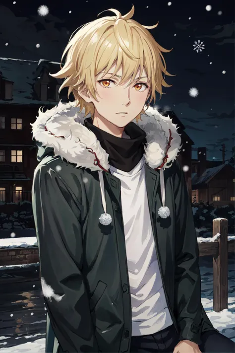 yukine, 1boy, fur-trimmed jacket, blonde hair, sitting, solo, detailed face, looking at viewer, cowboy shot, upper body, city, snow, snowing, (masterpiece:1.2, best quality)