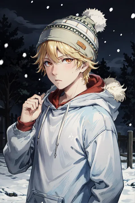 yukine, 1boy, hoodie, beanie, blonde hair, solo, detailed face, looking at viewer, cowboy shot, upper body, city, snow, snowing, (masterpiece:1.2, best quality)