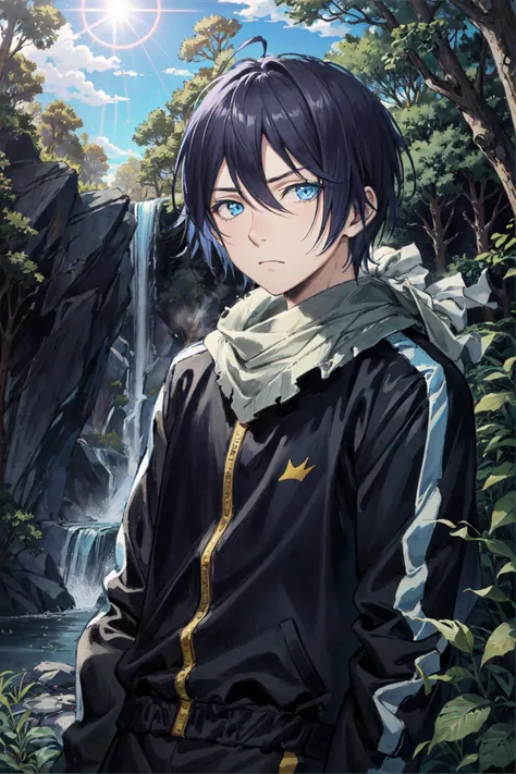 yato, 1boy, track suit, bandana, solo, detailed face, looking at viewer, cowboy shot, upper body, forest, tree, waterfall, sunbeam, (masterpiece:1.2, best quality)