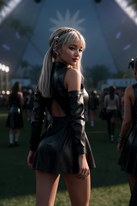 (Cinematic Shot:1.3) DV_S3_Snuggles_Vicious (Skinny, Slim, Slender, Long Legs, Abs, Perky Breasts:1.4)(Eyeliner, lipstick:1.3) ((Photo Focus, DOF, Aperture, insanely detailed and intricate, character, hypermaximalist, hyper realistic, super detailed, (lens flare))) <lora:exposure_control_v10:-0.2> <lora:more_details:0.3> (at Coachella Festival:1.3) (Wearing a Leather Dress and lower hair band:1.3) (smile:1.3) <lora:exposure_control_v10:-0.12> <lora:more_details:0.2> <lora:Gothpunkgirl-000009:1> goth (from behind:1.4)