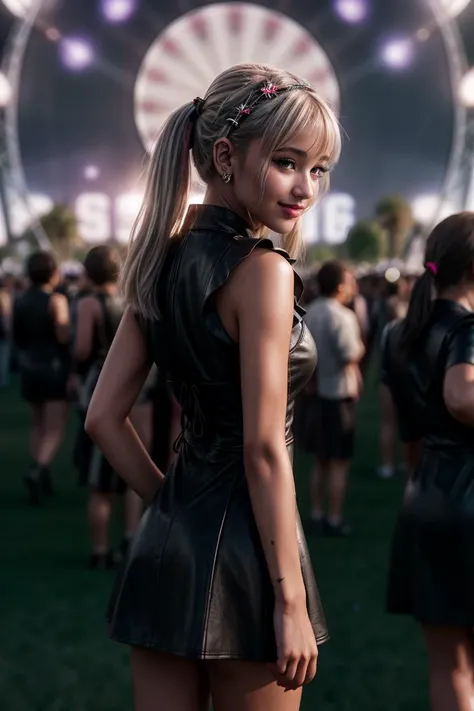 (Cinematic Shot:1.3) DV_S3_Snuggles_Vicious (Skinny, Slim, Slender, Long Legs, Abs, Perky Breasts:1.4)(Eyeliner, lipstick:1.3) ((Photo Focus, DOF, Aperture, insanely detailed and intricate, character, hypermaximalist, hyper realistic, super detailed, (lens flare))) <lora:exposure_control_v10:-0.2> <lora:more_details:0.3> (at Coachella Festival:1.3) (Wearing a Leather Dress and lower hair band:1.3) (smile:1.3) <lora:exposure_control_v10:-0.12> <lora:more_details:0.2> <lora:Gothpunkgirl-000009:1> goth (from behind:1.4)