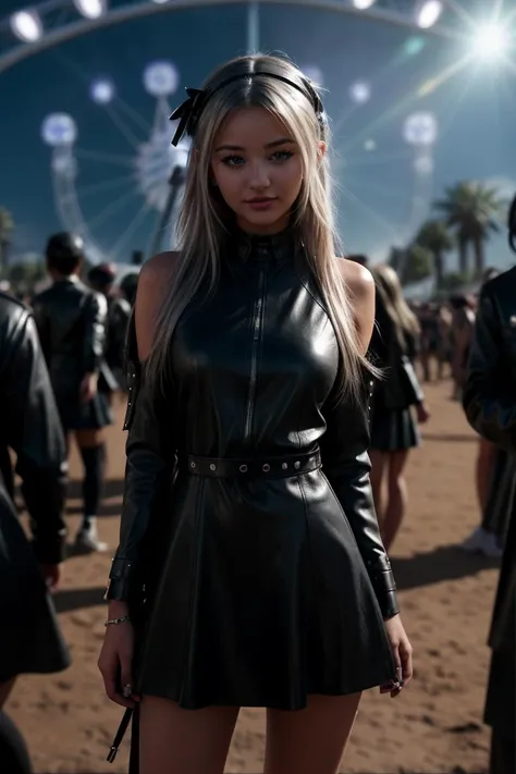 (Cinematic Shot:1.3) DV_S3_Snuggles_Vicious (Skinny, Slim, Slender, Long Legs, Abs, Perky Breasts:1.4)(Eyeliner, lipstick:1.3) ((Photo Focus, DOF, Aperture, insanely detailed and intricate, character, hypermaximalist, hyper realistic, super detailed, (lens flare))) <lora:exposure_control_v10:-0.2> <lora:more_details:0.3> (at Coachella Festival:1.3) (Wearing a Leather Dress and lower hair band:1.3) (smile:1.3) <lora:exposure_control_v10:-0.12> <lora:more_details:0.2> <lora:Gothpunkgirl-000009:1> goth