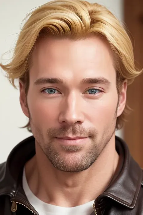 solo, looking at viewer, blonde hair, man, thirty years old, male focus, facial hair, smile, portrait, realistic, mikeohearnv2, <lora:mikeohearnv2-000005:0.8>