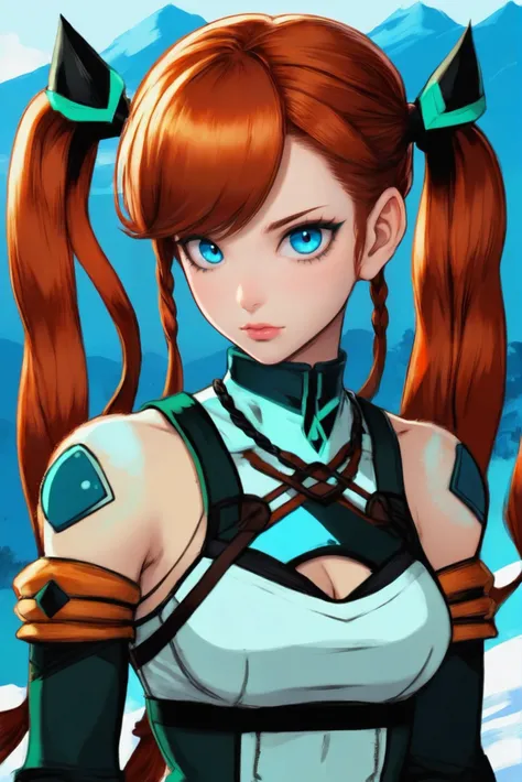 anime digital painting, 1girl, woman, mountain warrior villainess, pauldrons, bombshell hair, auburn hair with blue-green highlights, side braid, thicc athletic build, small breasts, caucasian <lora:EnvyStarlightDivergent01d:1.25>