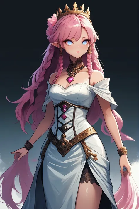 anime digital painting, 1girl, woman, female jrpg final boss, (huge opulent crown:1),(flowing dress:1.3), bombshell hair, pink hair, Lace Braid, hourglass figure, (asian:1.3) <lora:EnvyStarlightDivergent01b:1.25>