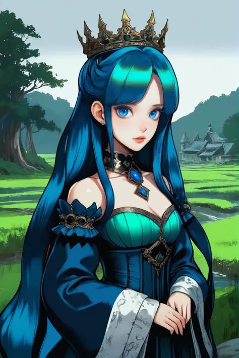 anime digital painting, 1girl, woman, evil queen, (flowing dress:1.3),(huge opulent crown:1.3), bombshell hair, blue-grey and forest green hair, hair rings, athletic hourglass figure, korean, abandoned,ruined fantasy hamlet in a Agricultural Land<lora:EnvyStarlightDivergent01d:1.25>